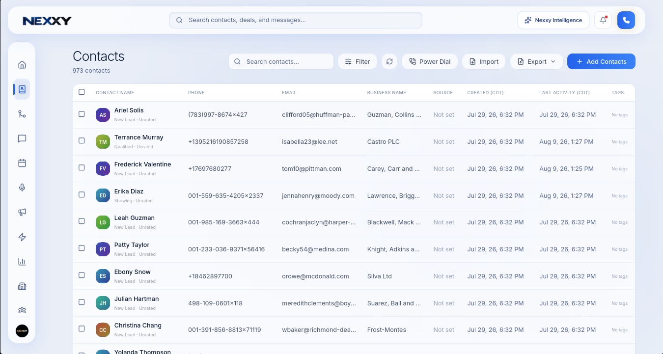 The Contacts list showing 973 contacts with Import, Export and Add Contacts actions