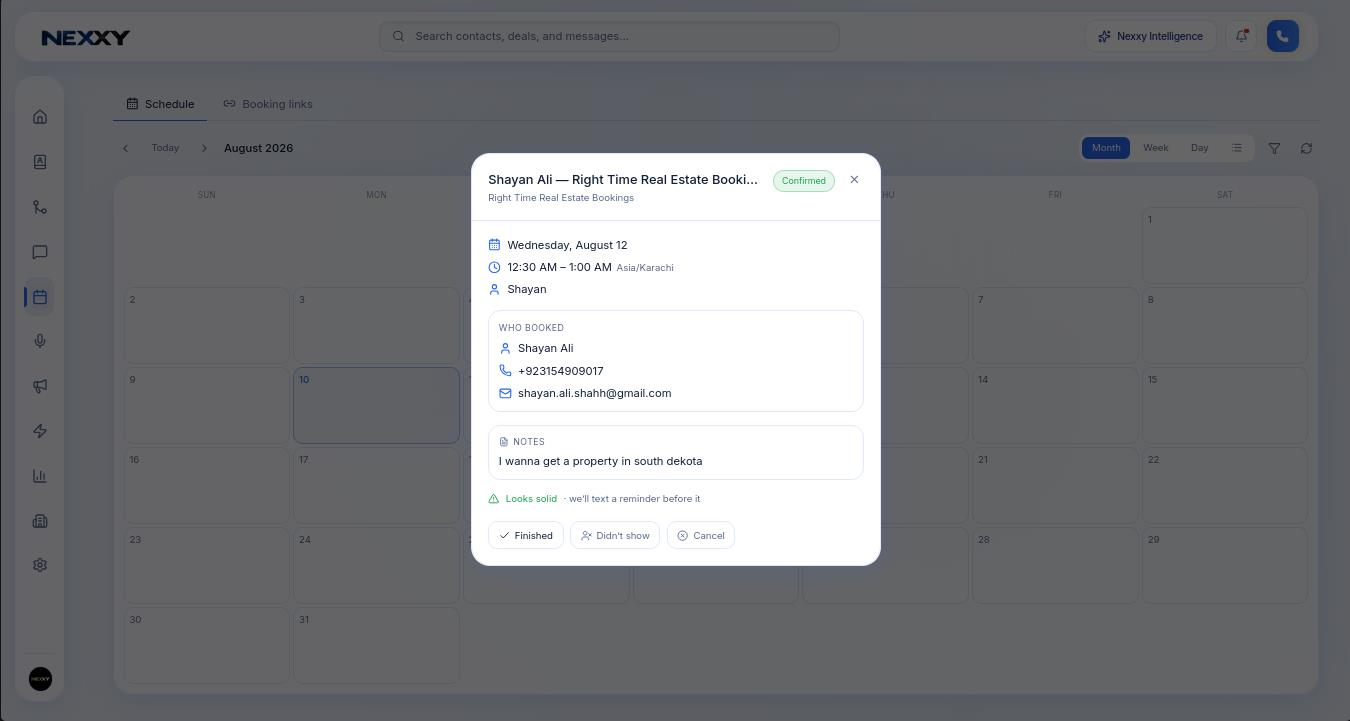 A booking detail modal showing time, time zone, who booked, notes and status actions