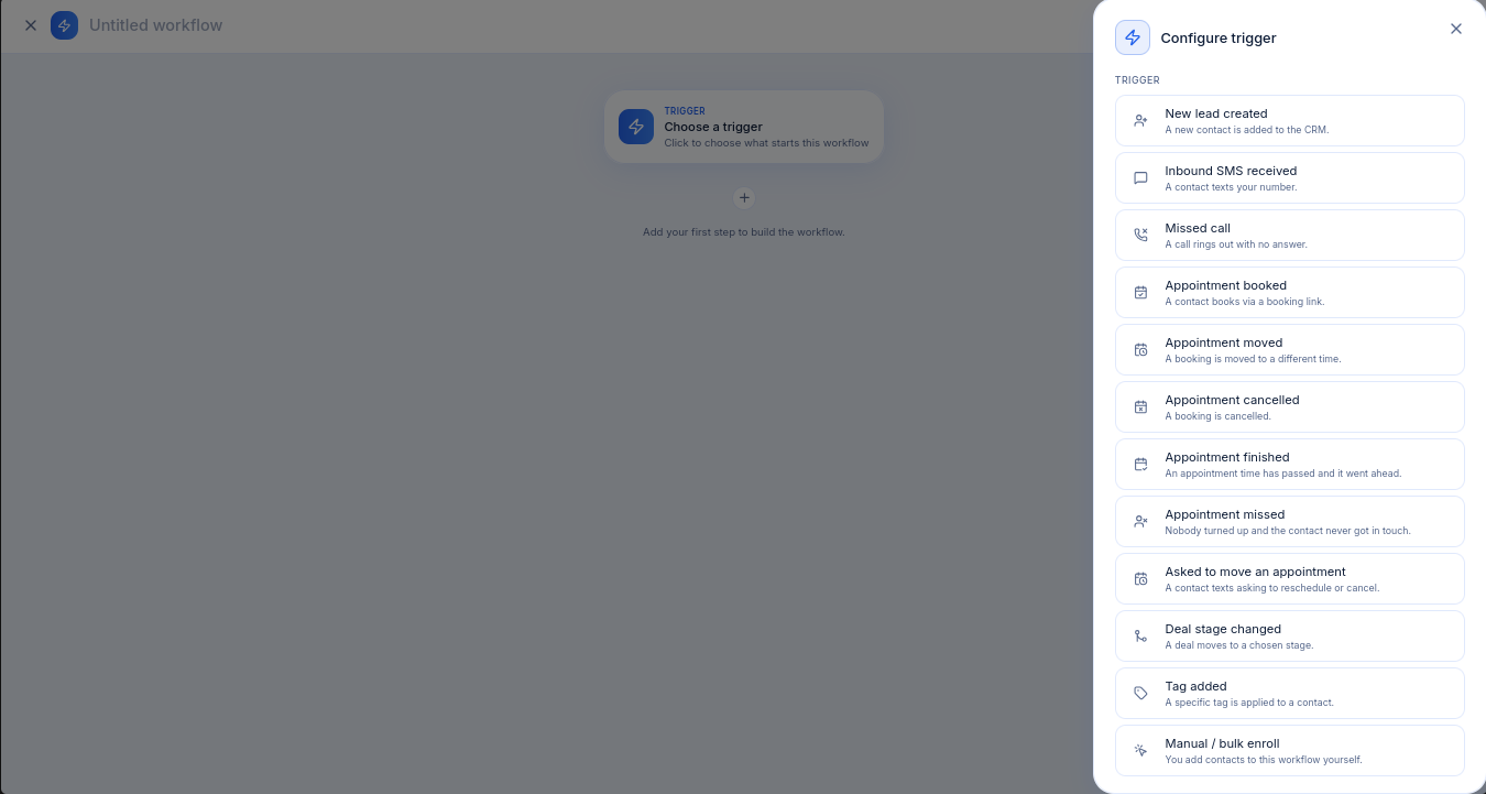 The workflow canvas with the configure trigger panel listing available triggers