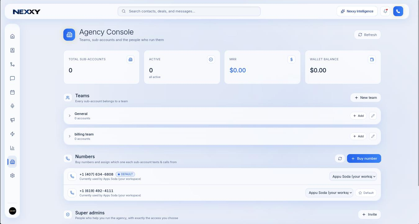 The Agency Console with overview cards, teams, numbers and super admins